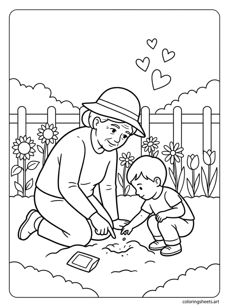 Grandma teaching grandchild to plant seeds in the garden coloring page for Mother's Day