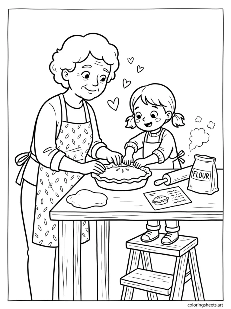 Grandma teaching grandchild to bake a pie together coloring page for Mother's Day
