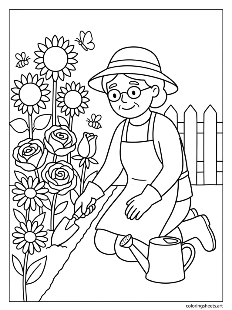 Grandma tending her beautiful flower garden coloring page for Mother's Day