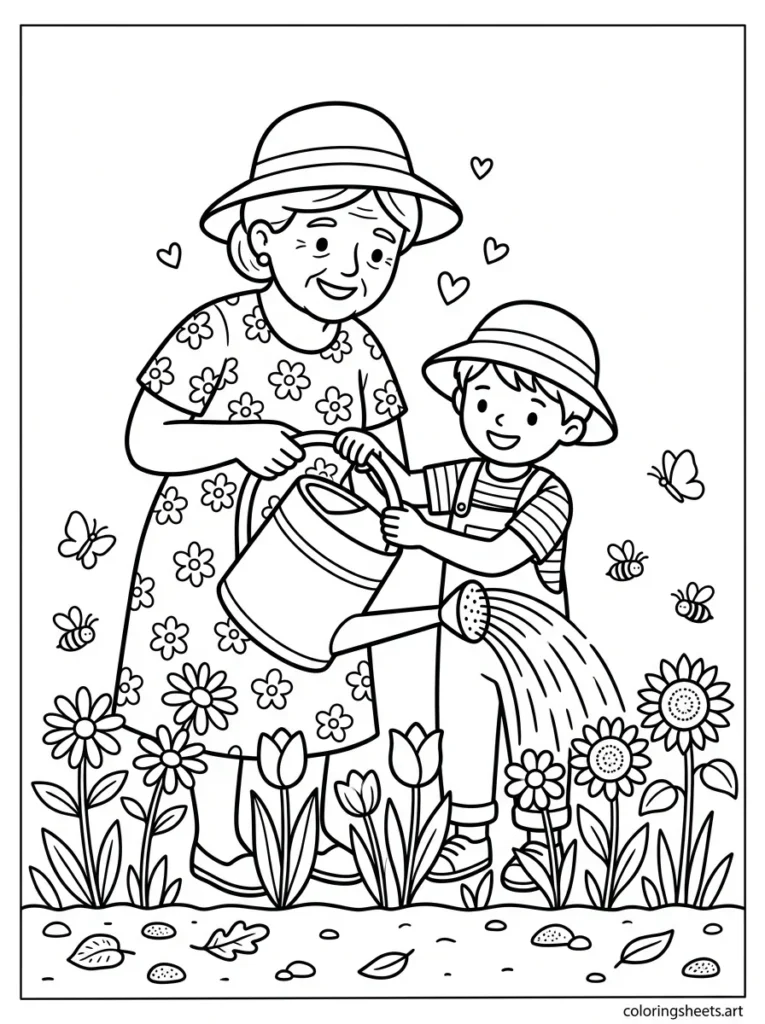 Grandma and grandchild watering the garden together coloring page for Mother's Day