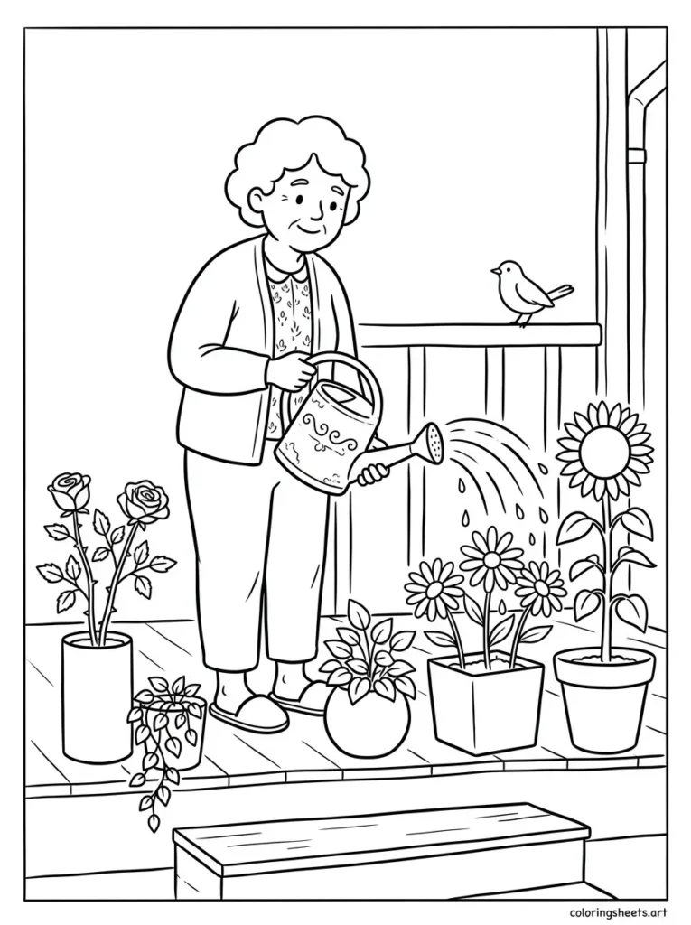 Grandma watering her porch flower pots coloring page for Mother's Day