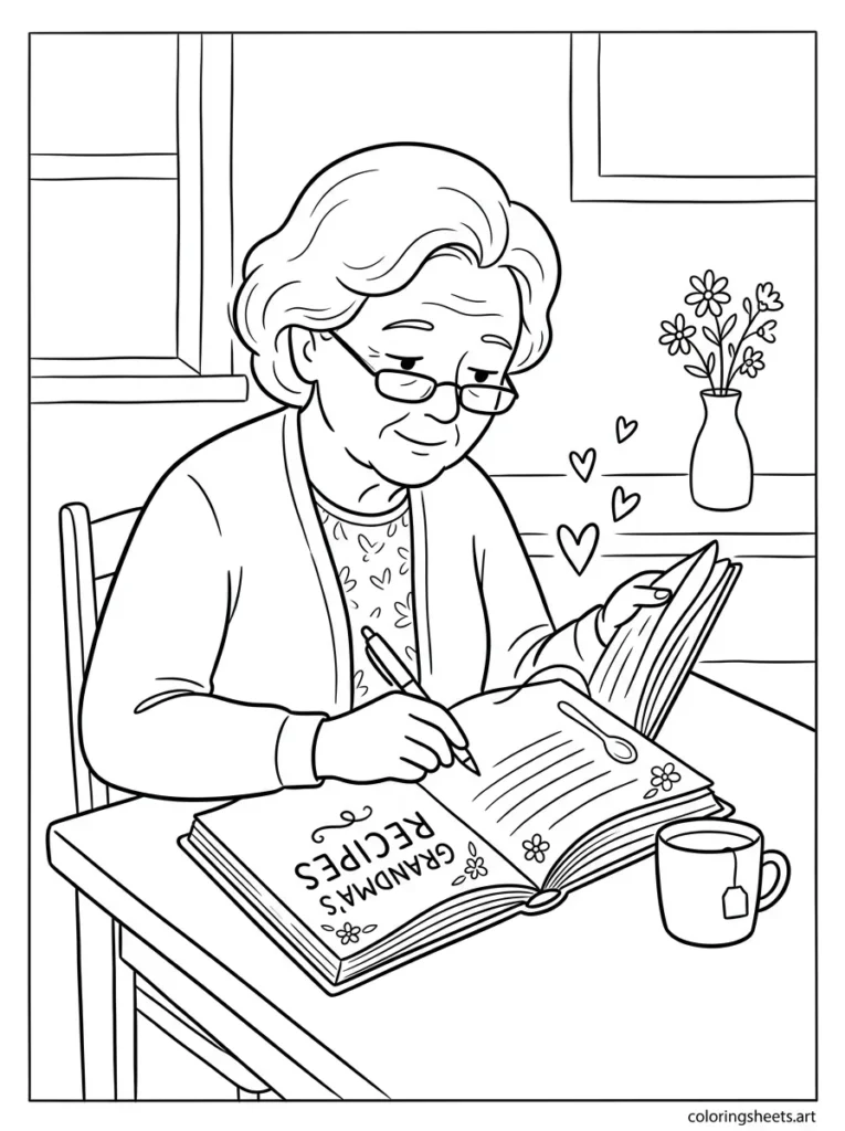 Grandma writing her secret recipes in her recipe book coloring page for Mother's Day
