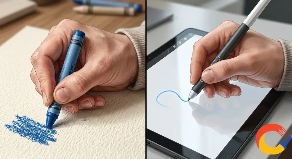 Close-up comparison of a hand using a crayon on paper versus a stylus on a tablet