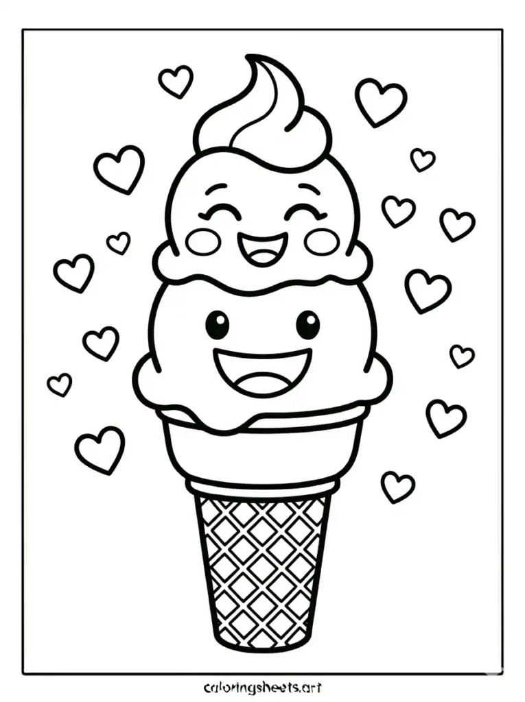 Simple happy double scoop ice cream cone printable PDF for toddlers