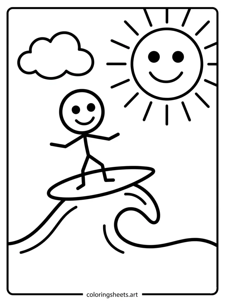 Happy little surfer on a tiny wave coloring page for toddlers printable PDF
