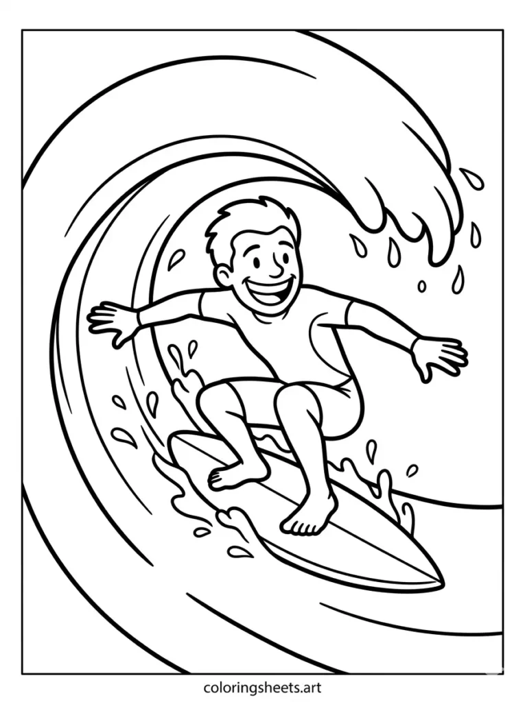 Happy surfer riding inside a barrel wave coloring page free printable PDF for kids