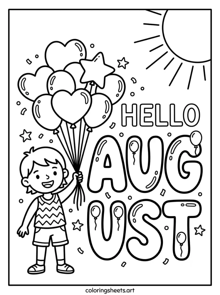 Hello August with balloons coloring page for kids printable free
