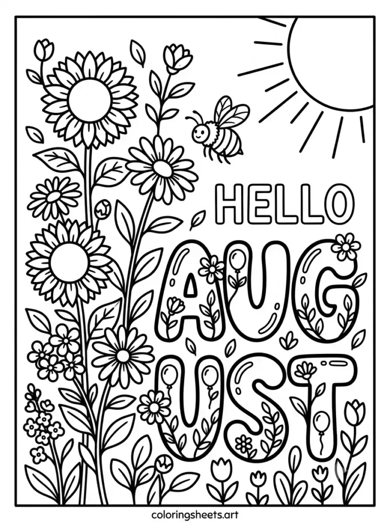 Hello August with flowers coloring sheet for kids printable