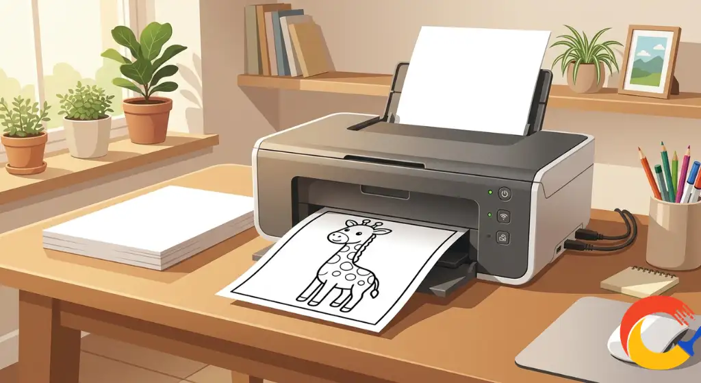 A printer producing a clean, crisp black and white coloring page at home