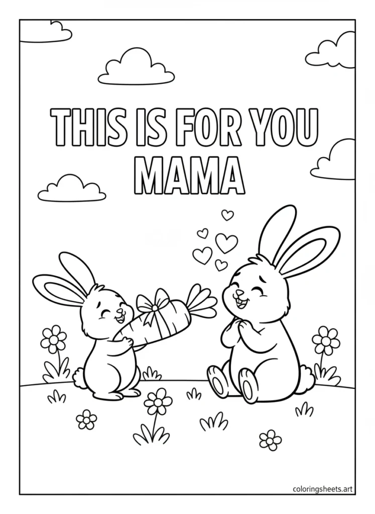 Baby bunny presenting giant ribbon carrot to moved mama bunny with hearts and This Is for You Mama block letters coloring page
