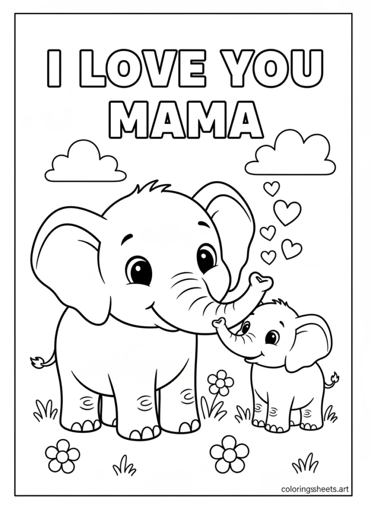 Baby elephant curling trunk around mama elephant in a tender nuzzle with I Love You Mama block letters coloring page