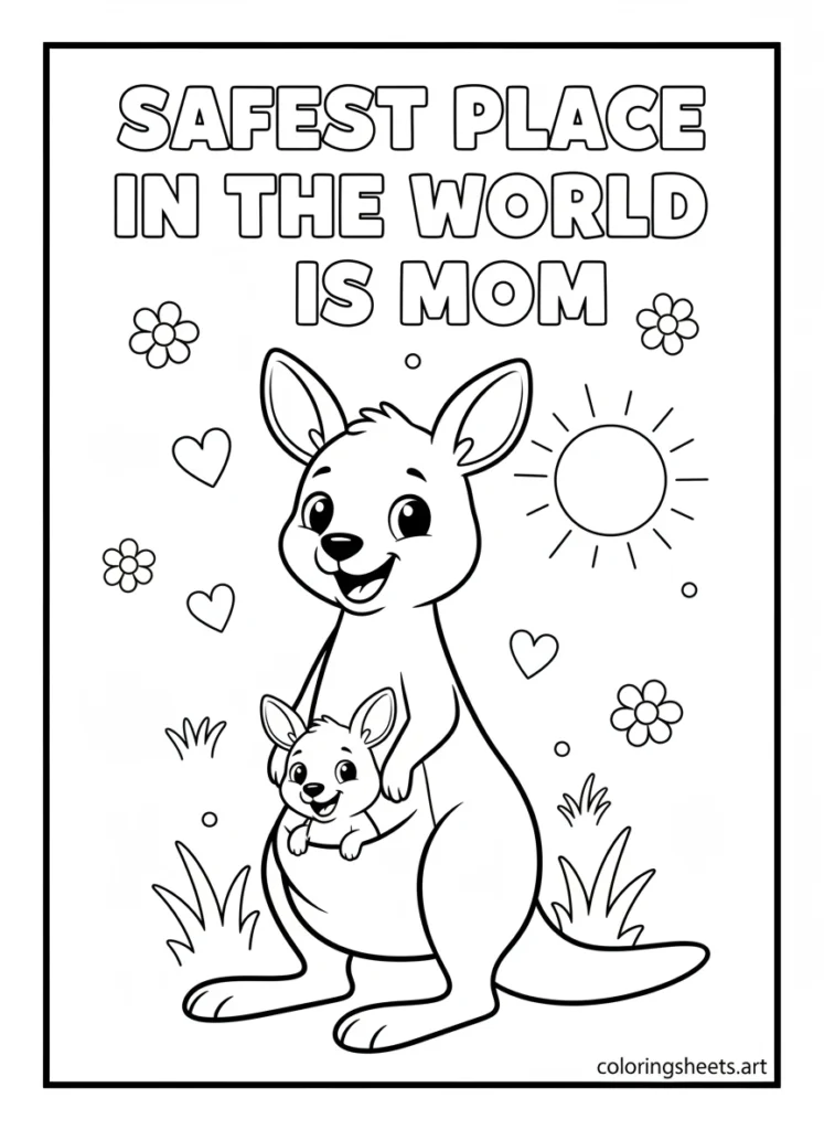 Baby joey kangaroo peeking out of mama kangaroo pouch with Safest Place in the World Is Mom bubble letters coloring page