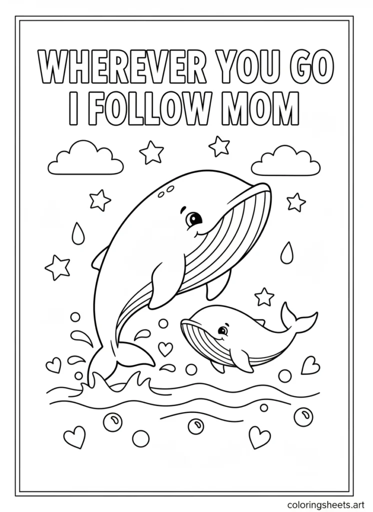 Mama whale and baby whale leaping together out of ocean with Wherever You Go I Follow Mom block letters coloring page