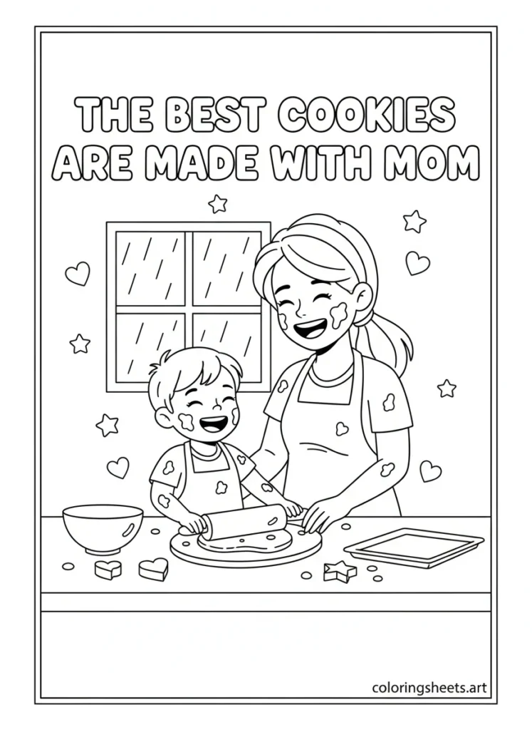 Mom and child in aprons rolling cookie dough together in rainy day kitchen with The Best Cookies Are Made with Mom coloring page