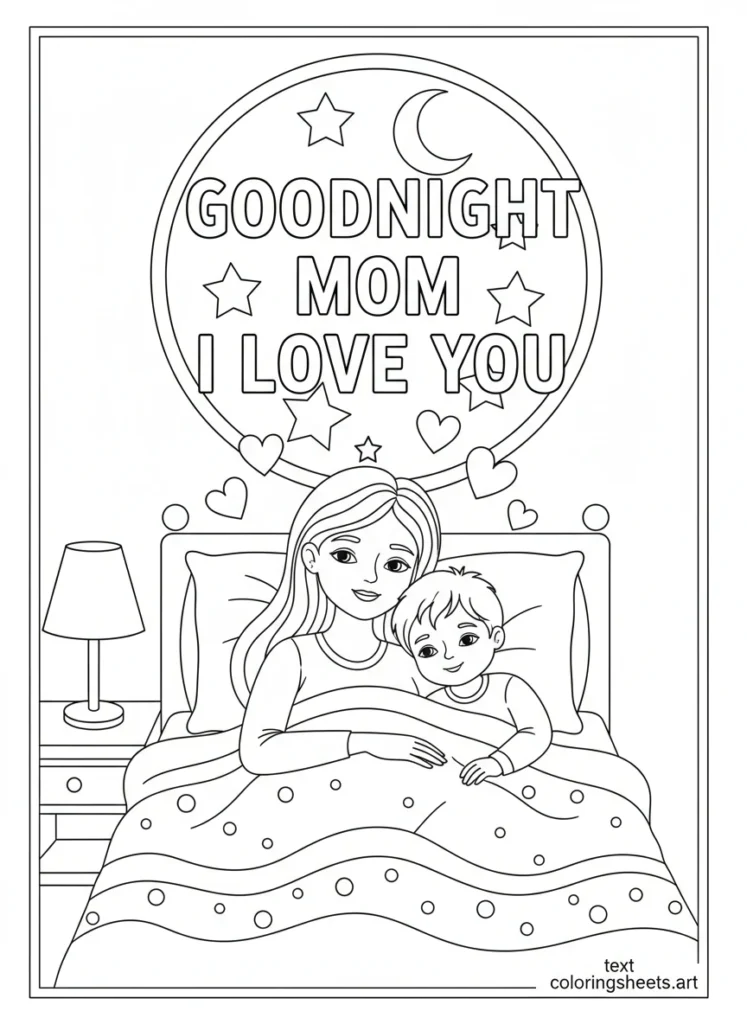 Mom and child snuggled in bed under blanket looking at stars with Goodnight Mom I Love You block letters coloring page