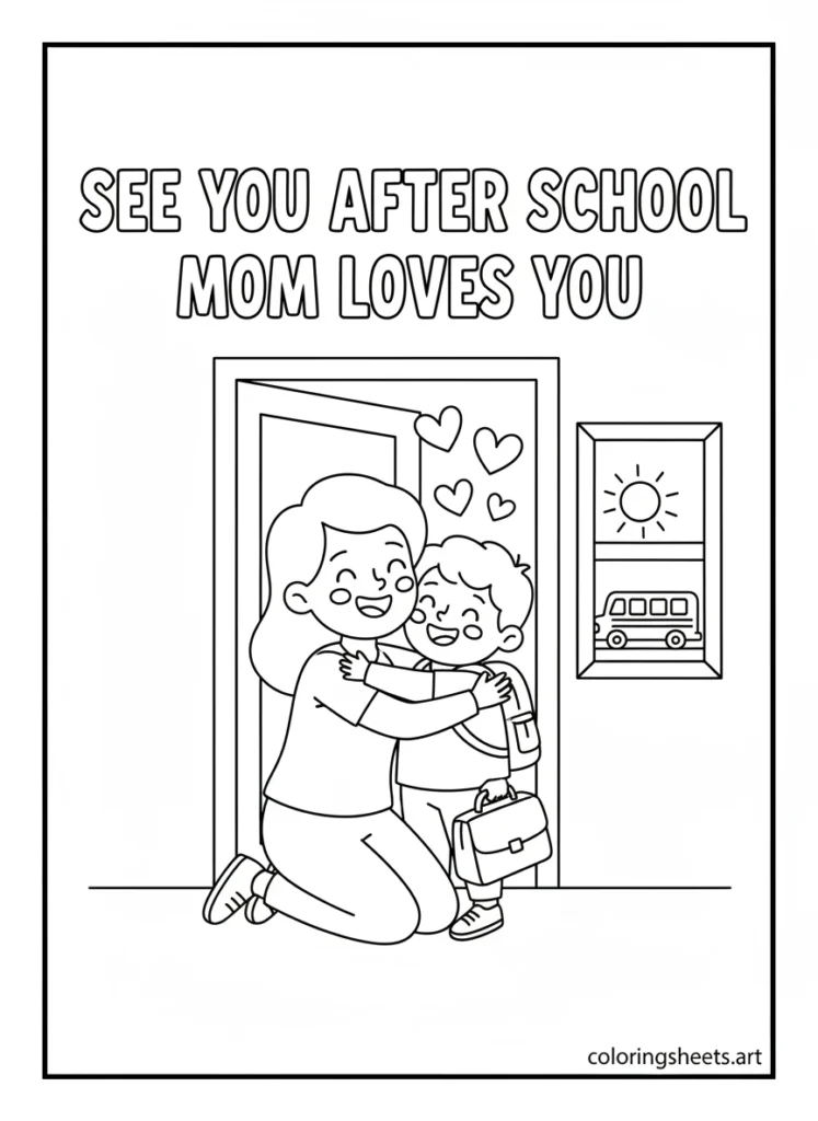 Mom hugging child at front door before school with backpack and lunch box and bubble letter message coloring page