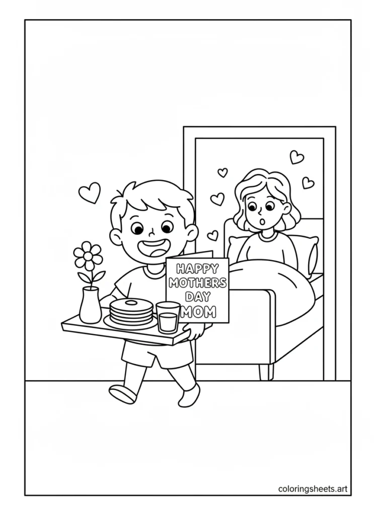 Child carefully carrying breakfast tray to mom in bed on Mother's Day with Happy Mothers Day Mom card coloring page