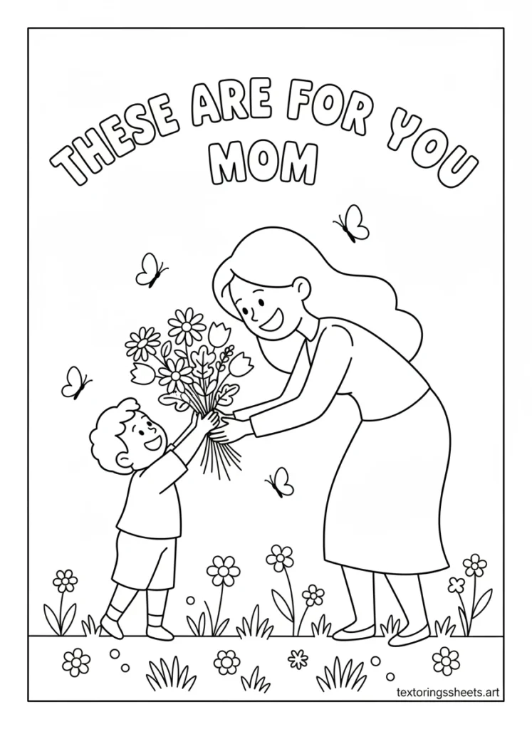 Child on tiptoe giving mom a bunch of wildflowers with side hug and These Are for You Mom bubble letters coloring page