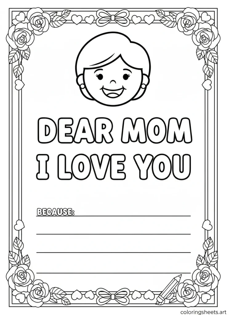 Printable coloring page greeting card with Dear Mom I Love You bubble letters rose border and writing lines for kids to fill in