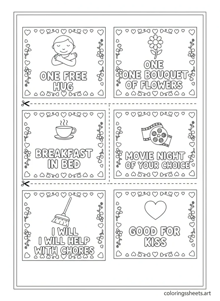Six colorable mom coupons on one page with hollow bubble letter promises to cut out and give as Mother's Day gifts coloring page