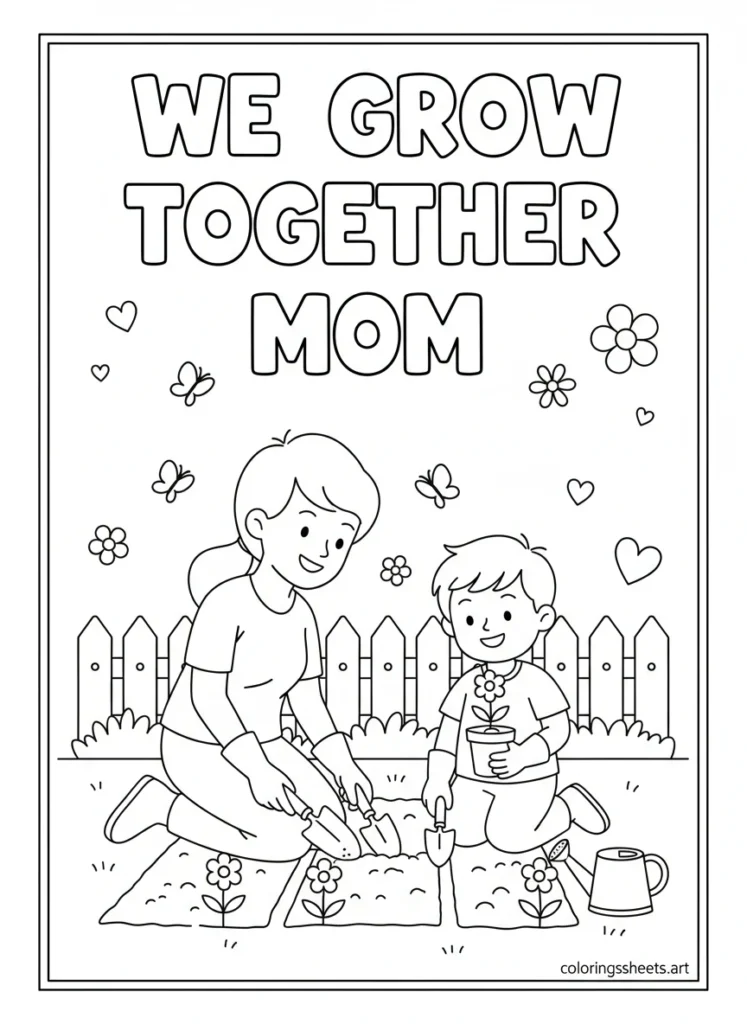 Mom and child in garden gloves planting spring flowers together with watering can and We Grow Together Mom bubble letters coloring page