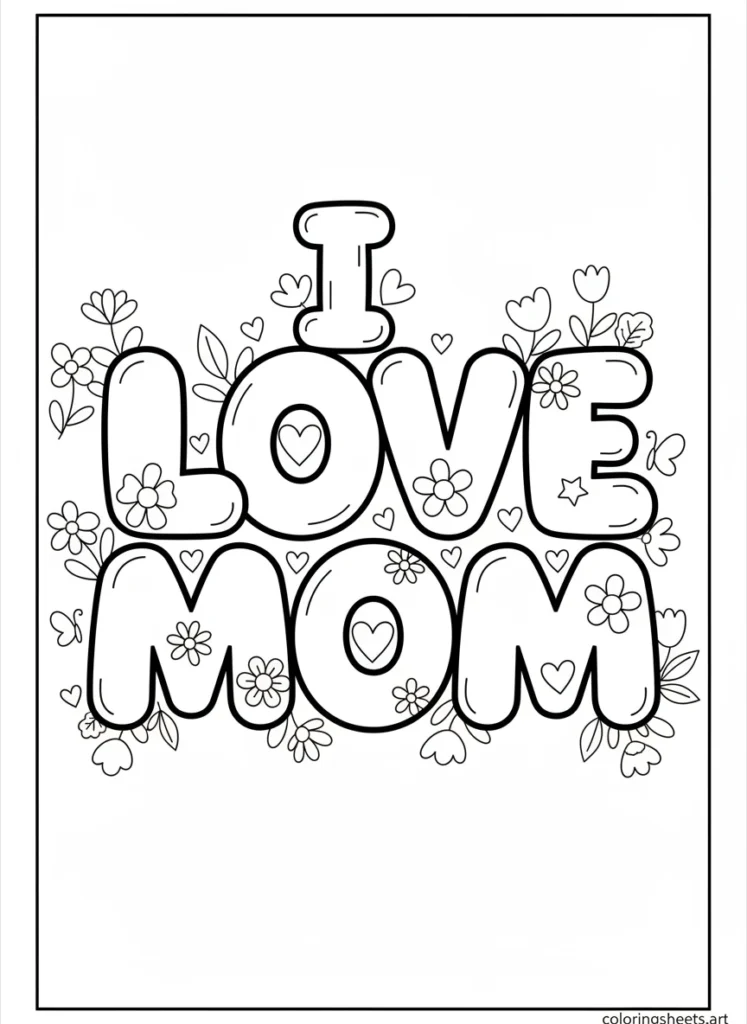 Giant hollow I Love Mom bubble letters filling the page with flower doodles inside each letter for kids to color