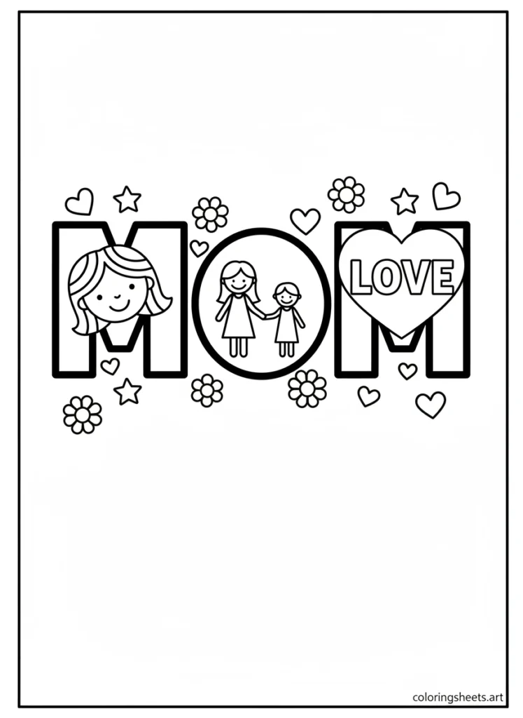 Giant MOM letters each containing a small scene inside first M mom portrait O mom and child M love heart coloring page