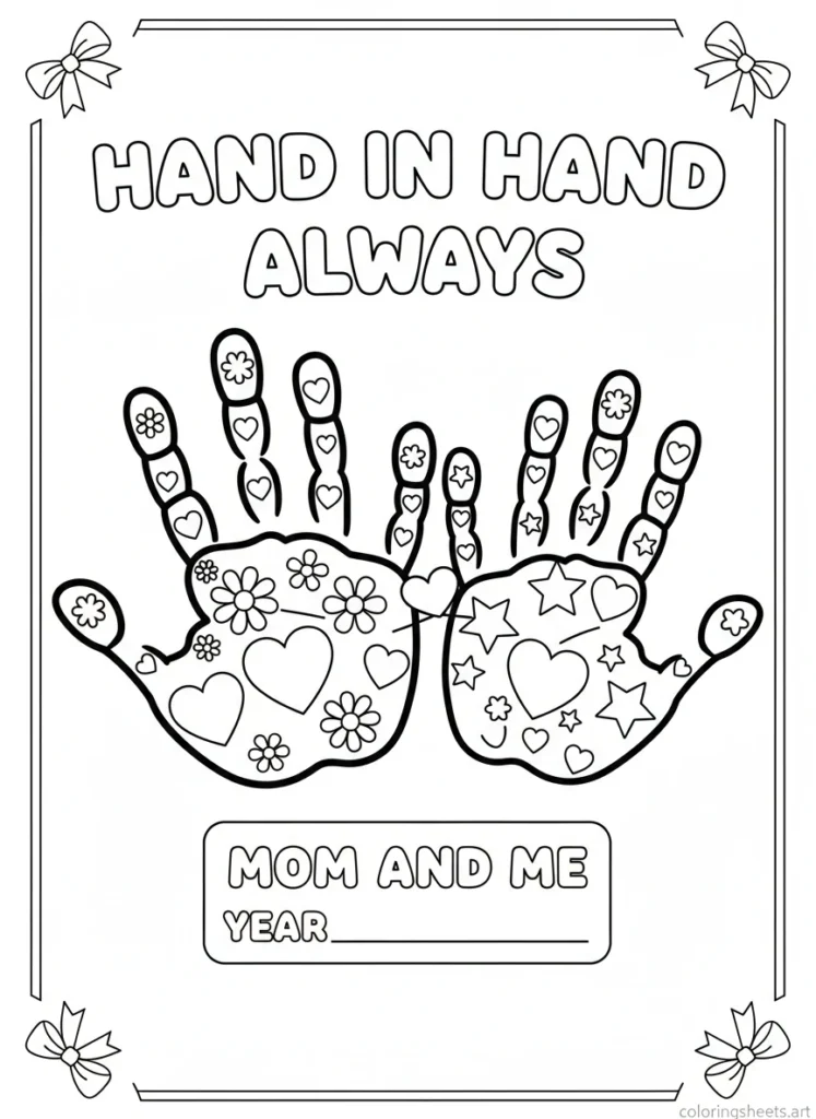 Mom and child handprints side by side with flowers hearts stars and Hand in Hand Always bubble letters Mom and Me keepsake coloring page