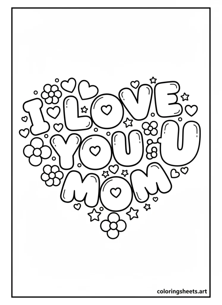 I Love You Mom bubble letters arranged in a heart shape with tiny hearts and stars for kids to color coloring page