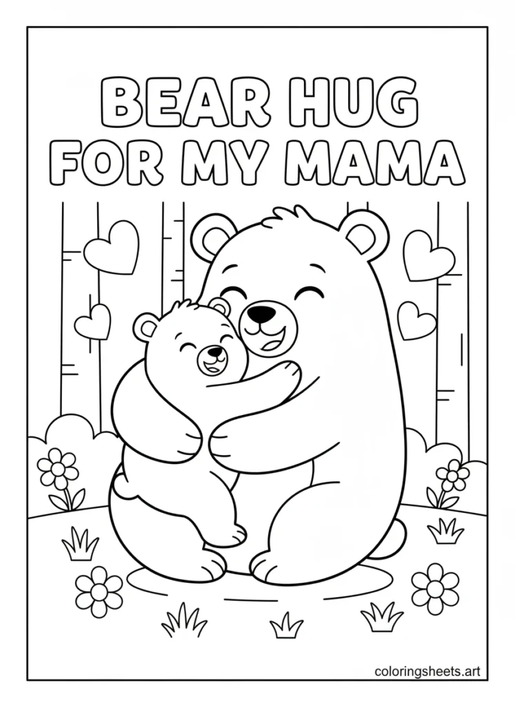 Cartoon mama bear and baby bear in a full bear hug with hearts and Bear Hug for My Mama bubble letters coloring page