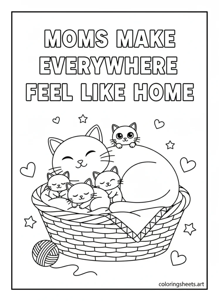 Mama cat and three kittens snuggled in a cozy basket with Moms Make Everywhere Feel Like Home block letters coloring page