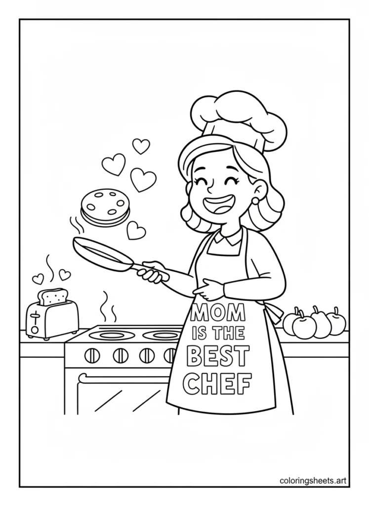 Cartoon mom in chef hat flipping pancakes with hearts and Mom Is the Best Chef apron block letters coloring page