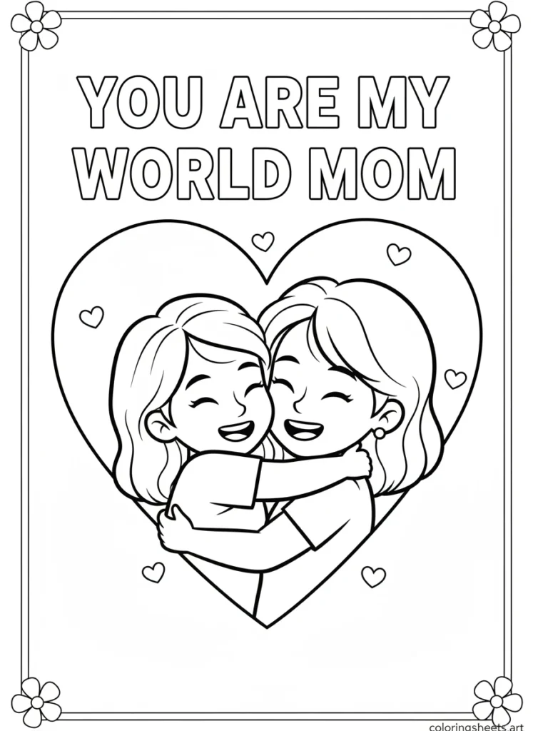 Mom and child hugging cheek to cheek inside a heart frame with You Are My World Mom hollow letters coloring page
