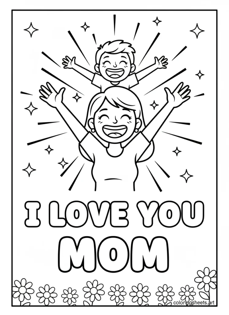 Mom lifting laughing child high in the air with stars and I Love You Mom bubble letters coloring page for kids