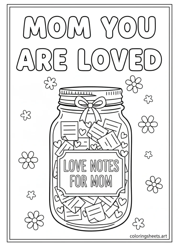 Mason jar overflowing with folded notes and hearts with Love Notes for Mom label and Mom You Are Loved bubble letters coloring page