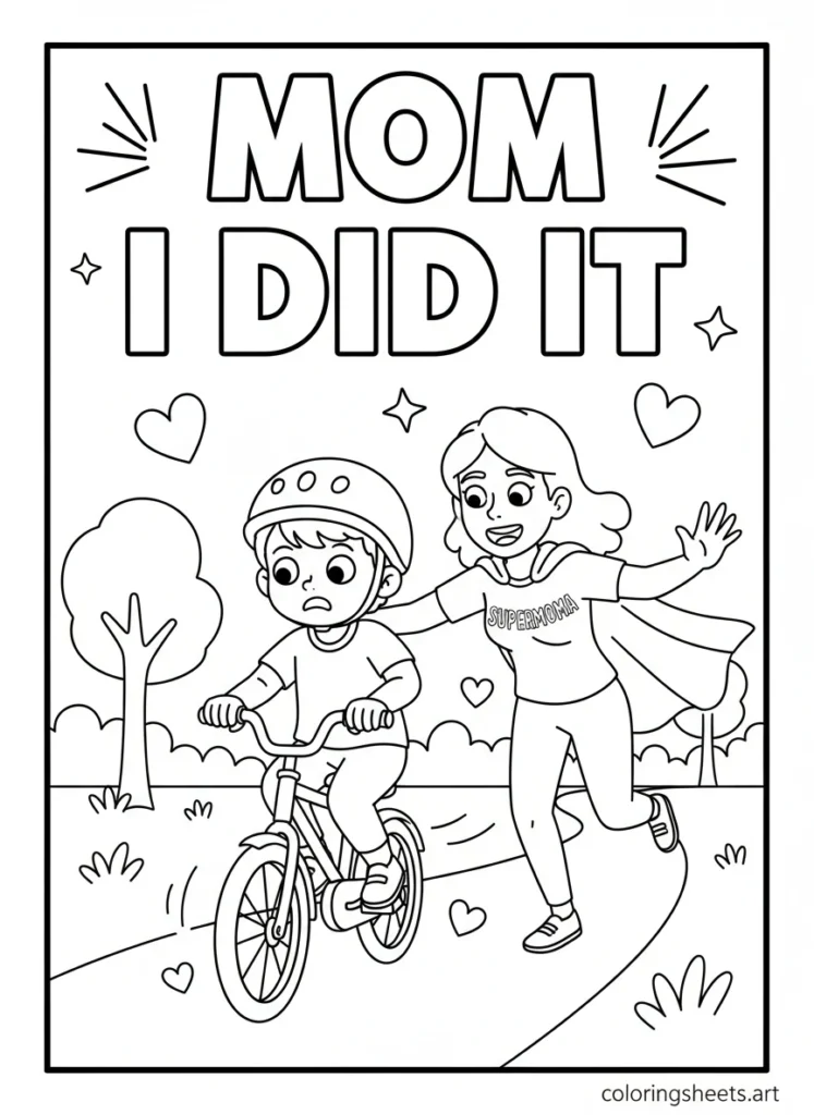 Mom running alongside child learning to ride a bike for first time with Mom I Did It block letters coloring page