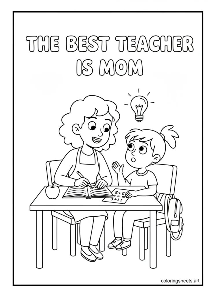 Mom and child at table doing homework together with lightbulb and The Best Teacher Is Mom bubble letters coloring page