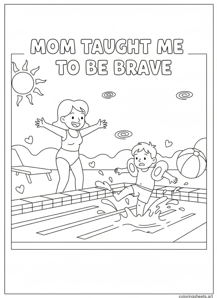 Mom in pool with arms outstretched as child with floaties kicks toward her with Mom Taught Me to Be Brave bubble letters coloring page