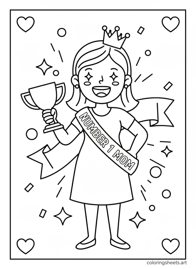 Cartoon mom wearing crown and Number 1 Mom champion sash holding trophy with confetti coloring page