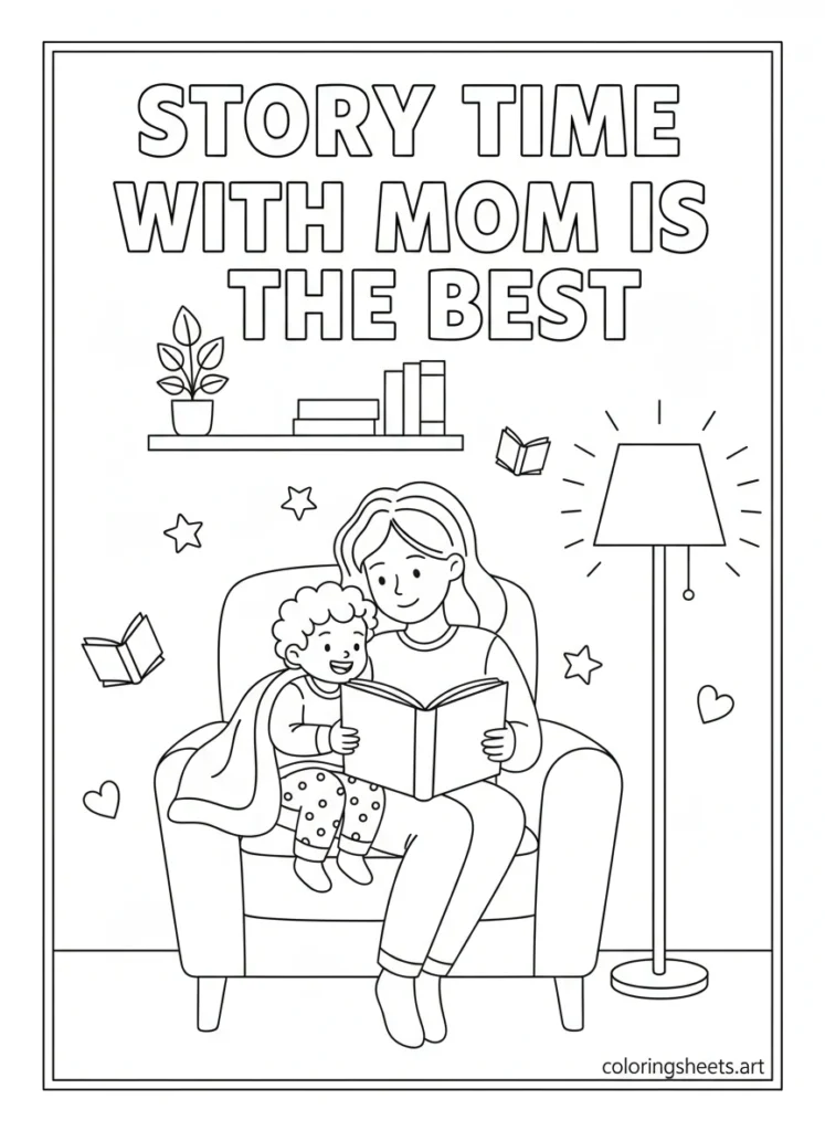 Mom and child reading a big book snuggled in armchair under blanket with Story Time with Mom Is the Best block letters coloring page