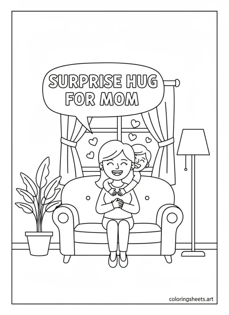 Child sneaking hug from behind couch on mom with hearts and Surprise Hug for Mom speech bubble coloring page