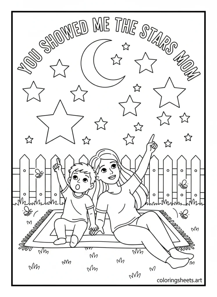 Mom and child lying on blanket at night pointing at stars together with fireflies and You Showed Me the Stars Mom block letters coloring page