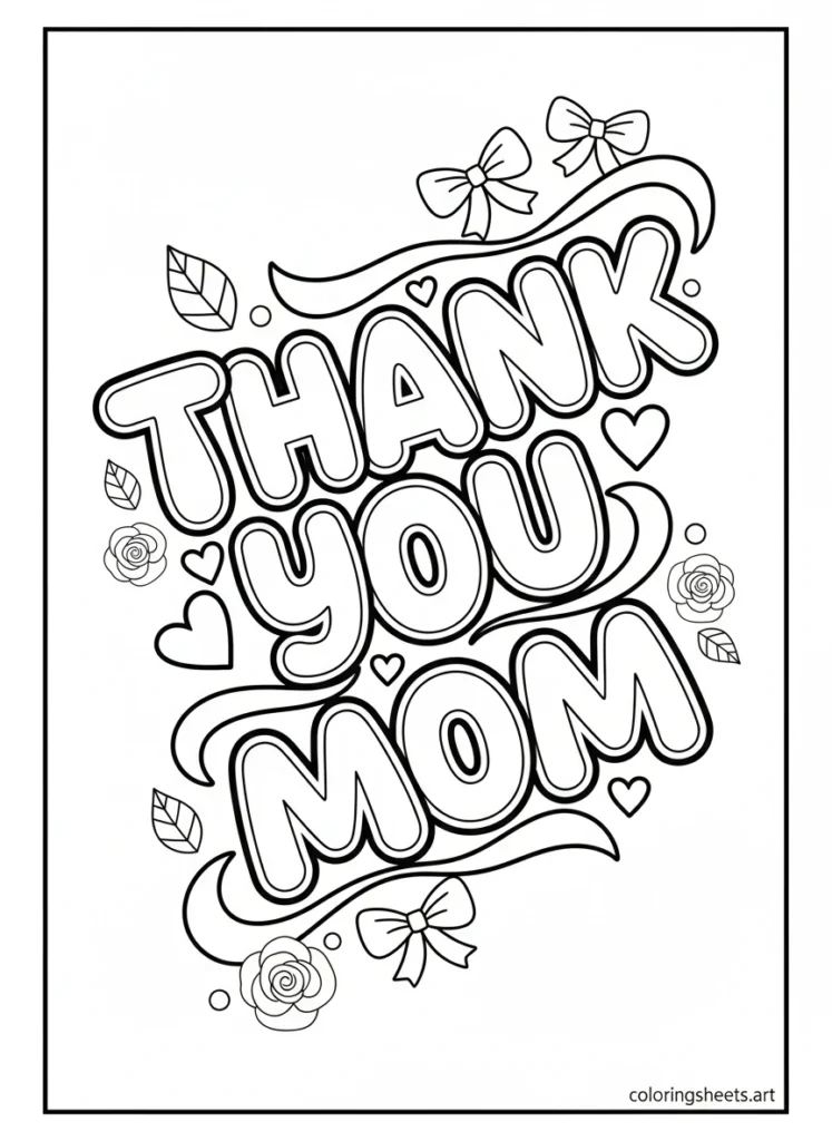Thank You Mom in flowing script bubble letters with roses ribbons bows and hearts coloring page