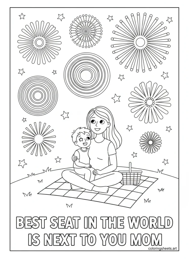 Mom and child on blanket watching fireworks burst in sky with Best Seat in the World Is Next to You Mom block letters coloring page