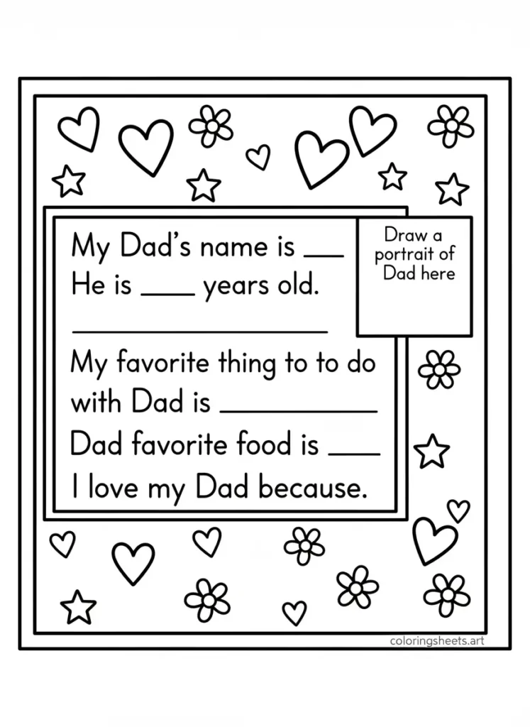 All About My Dad fill-in coloring page for Father's Day activity