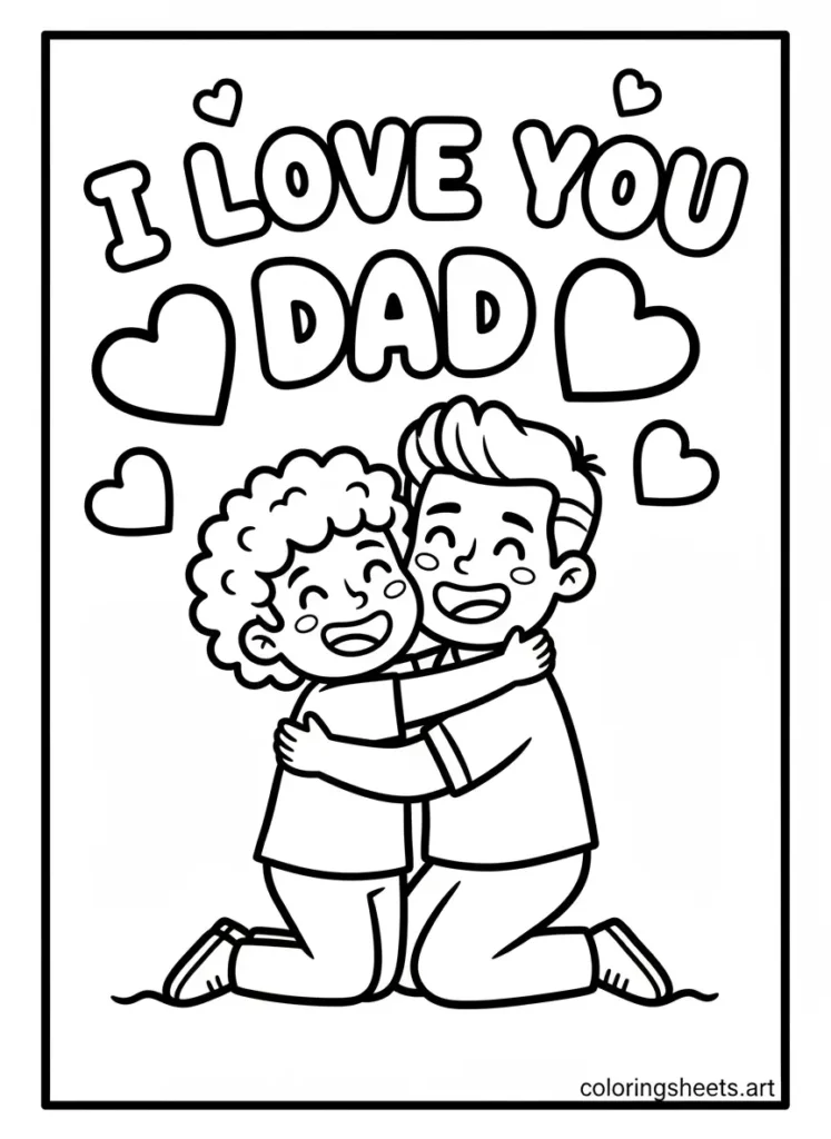 Child hugging Dad with I Love You message coloring page for kids