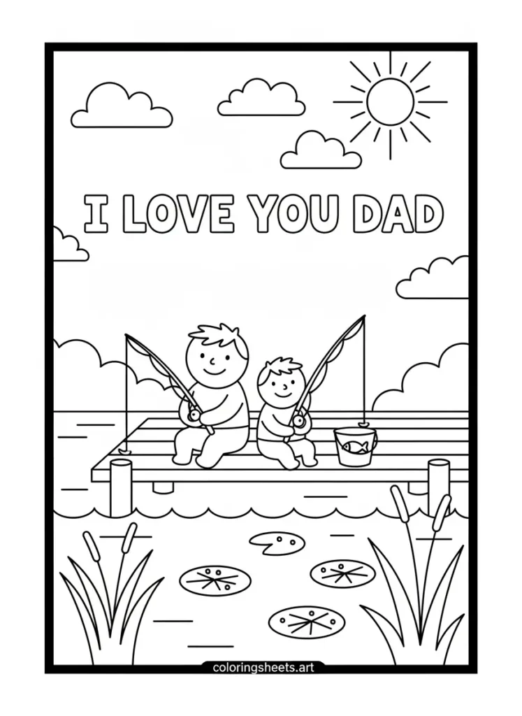 Dad and child fishing at the lake I Love You Dad coloring page for Father's Day
