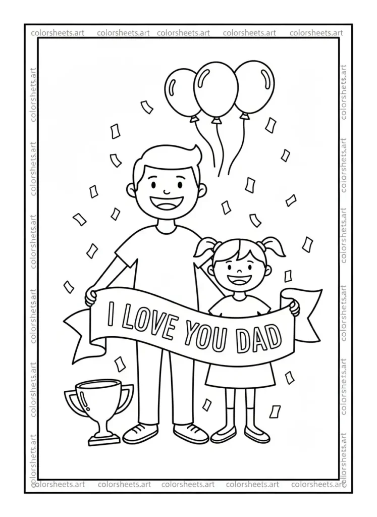 Dad and child with trophy banner I Love You Dad coloring page for Father's Day