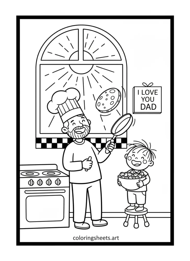 Dad cooking breakfast with child I Love You Dad coloring page for kids