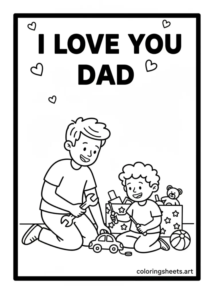 Dad fixing a toy with child I Love You Dad coloring page for kids
